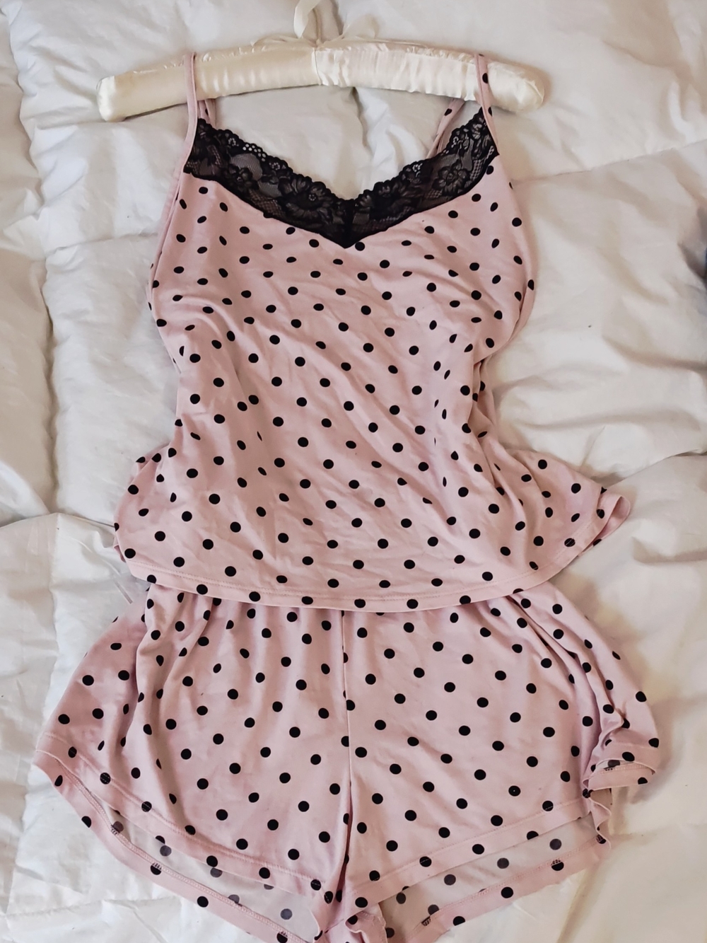 Source Unknown Pink Polka Dot Satin Cami & Shorts with Black Lace